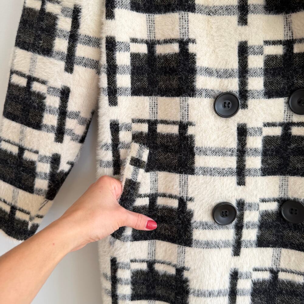 Baciano Plaid Pattern Double-Breasted Mid-Length Teddy Boucle Coat Black White M - Picture 5 of 9